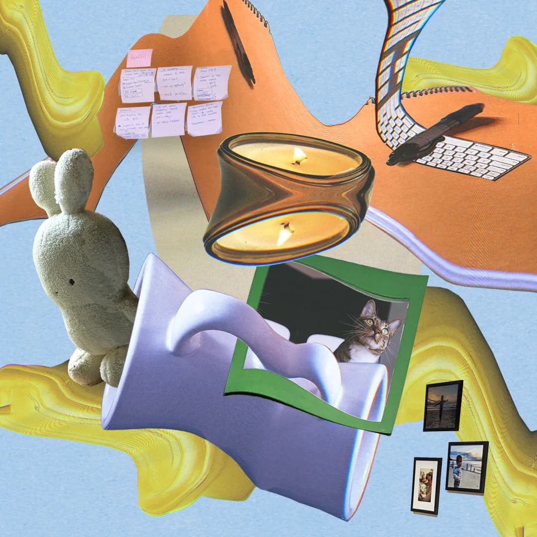 Surreal work-from-home scene with a desk, sticky notes, keyboard, candle, and stuffed bunny.