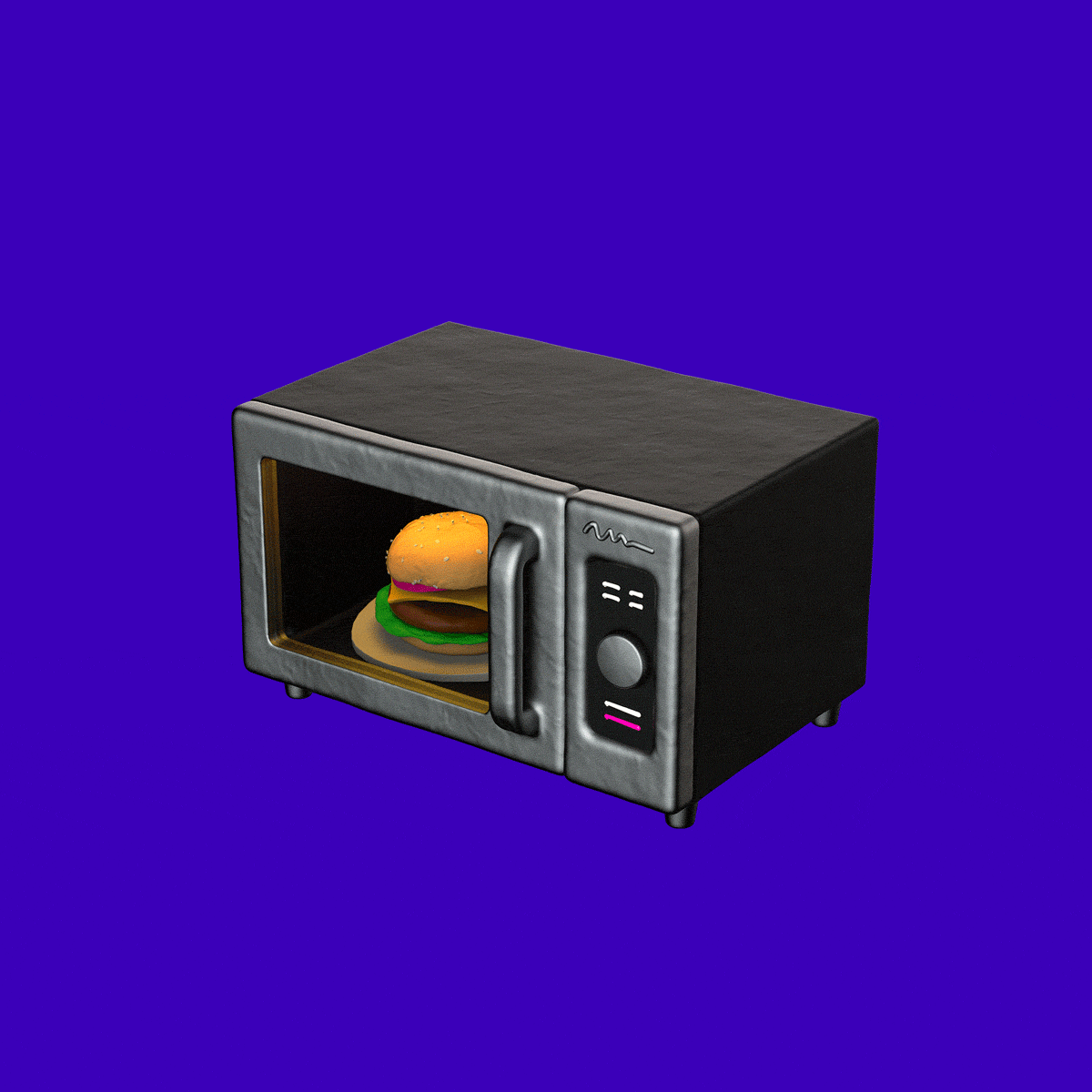 A gray microwave with a cheeseburger inside.