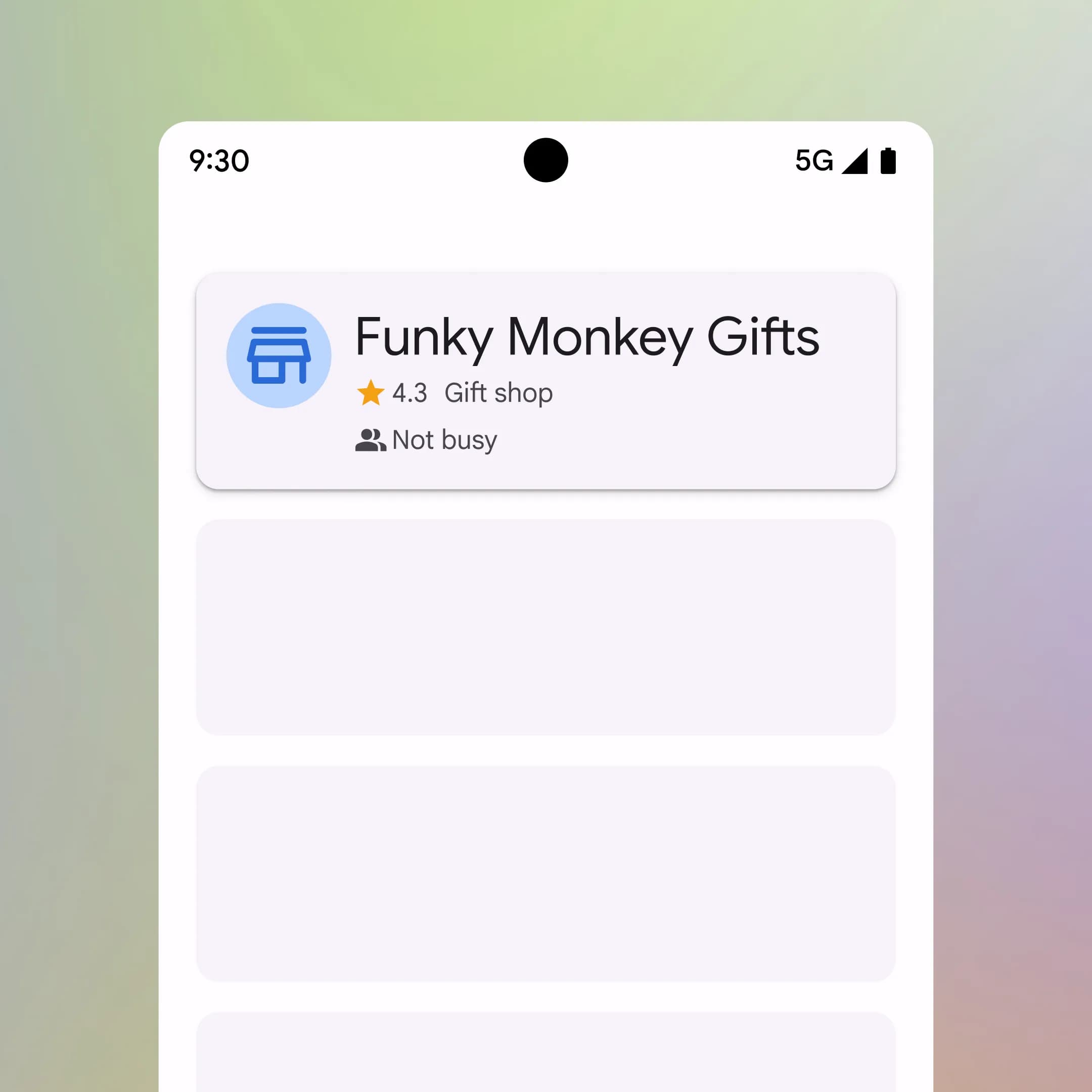 A mobile UI card for “Funky Monkey Gifts” displayed with small, dark text on a light pink background