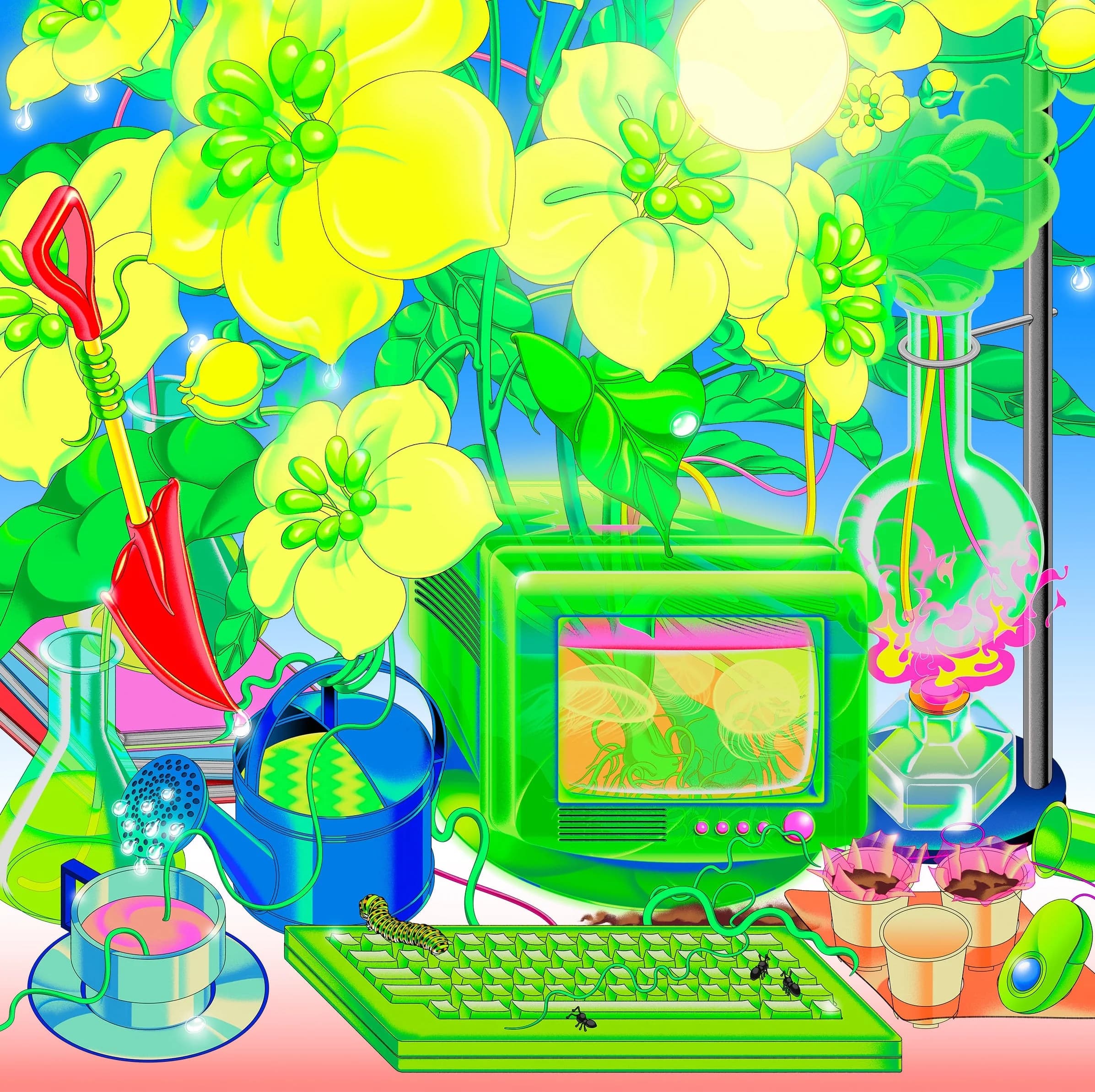 Bright yellow flowers loom over a green retro computer, keyboard, and mouse.