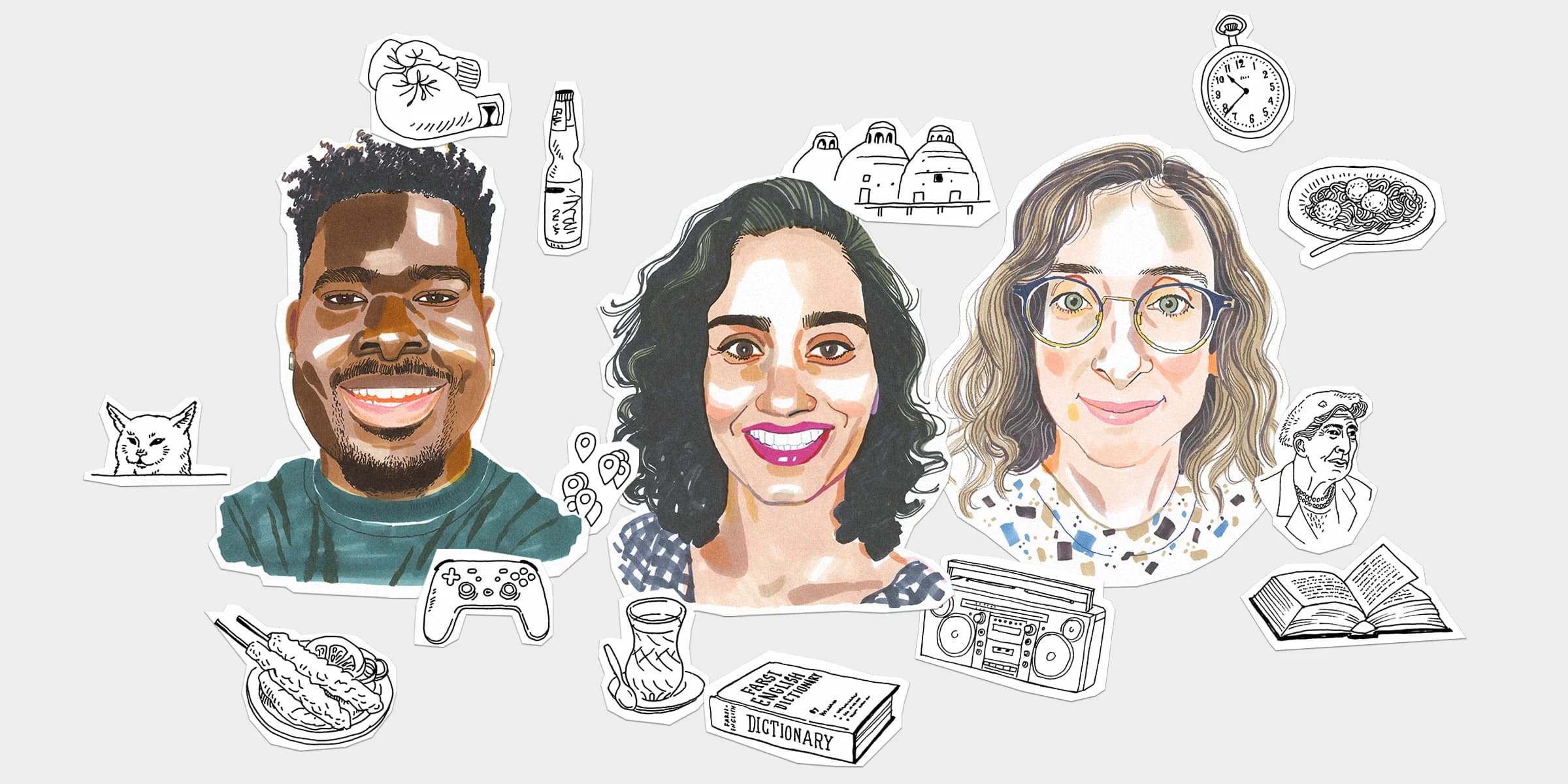 Three smiling people surrounded by drawings of their favorite things: boxing gloves, a cat, snacks, books, a dictionary, a boombox, and more.