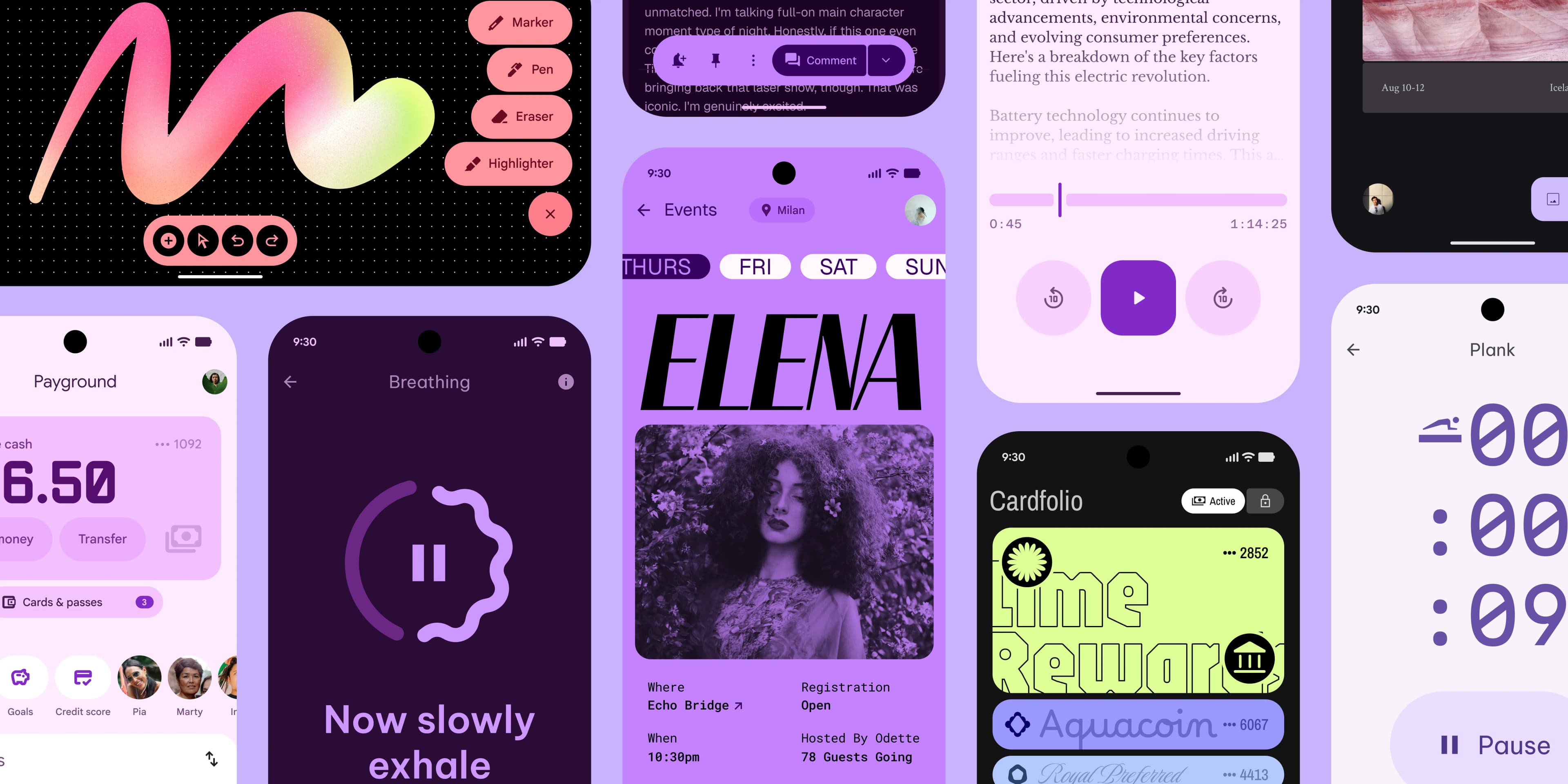 Vibrant smartphone apps using M3 Expressive tactics and components.