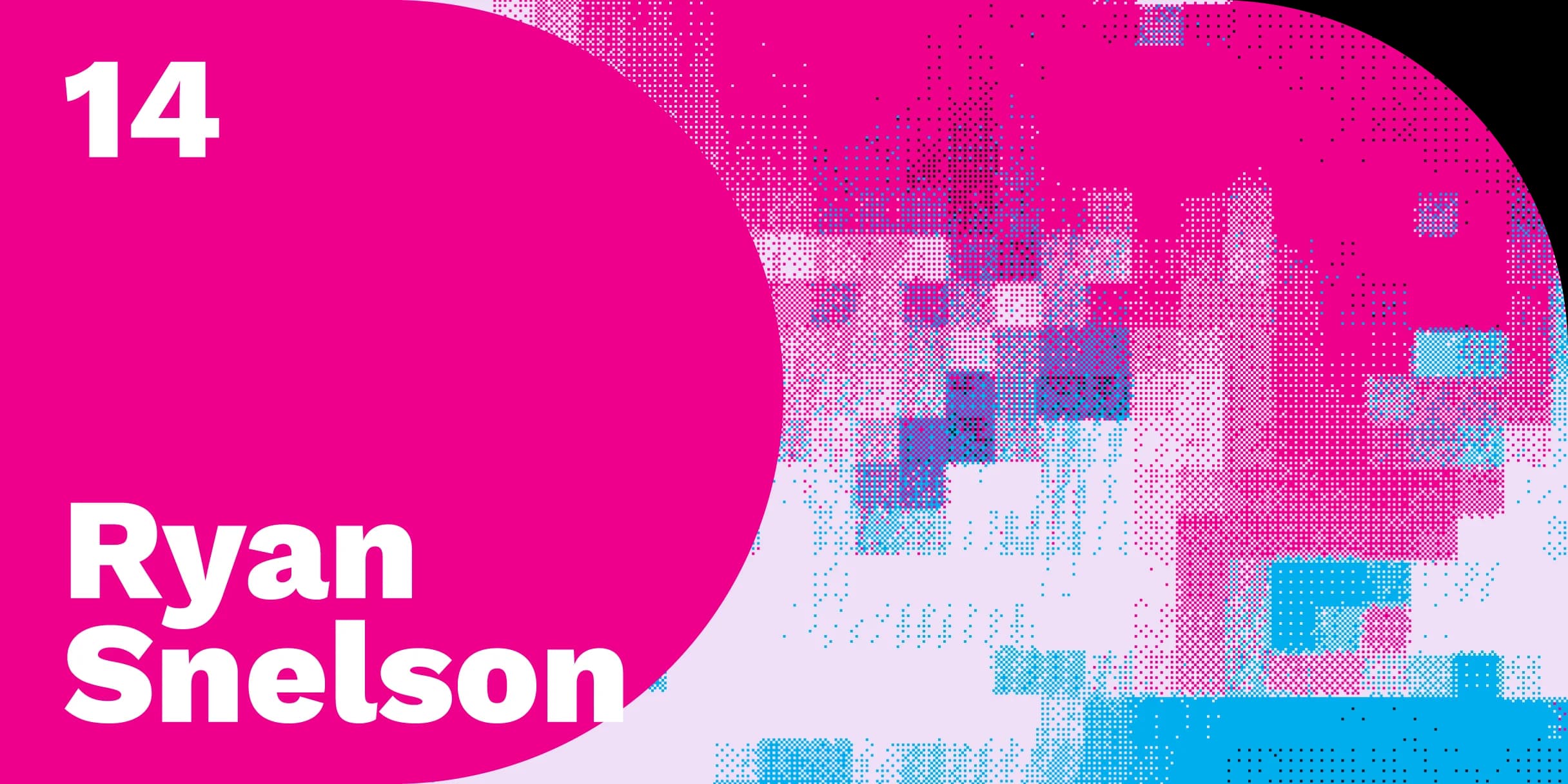 Abstract pixelated design in pink, light purple, and blue.