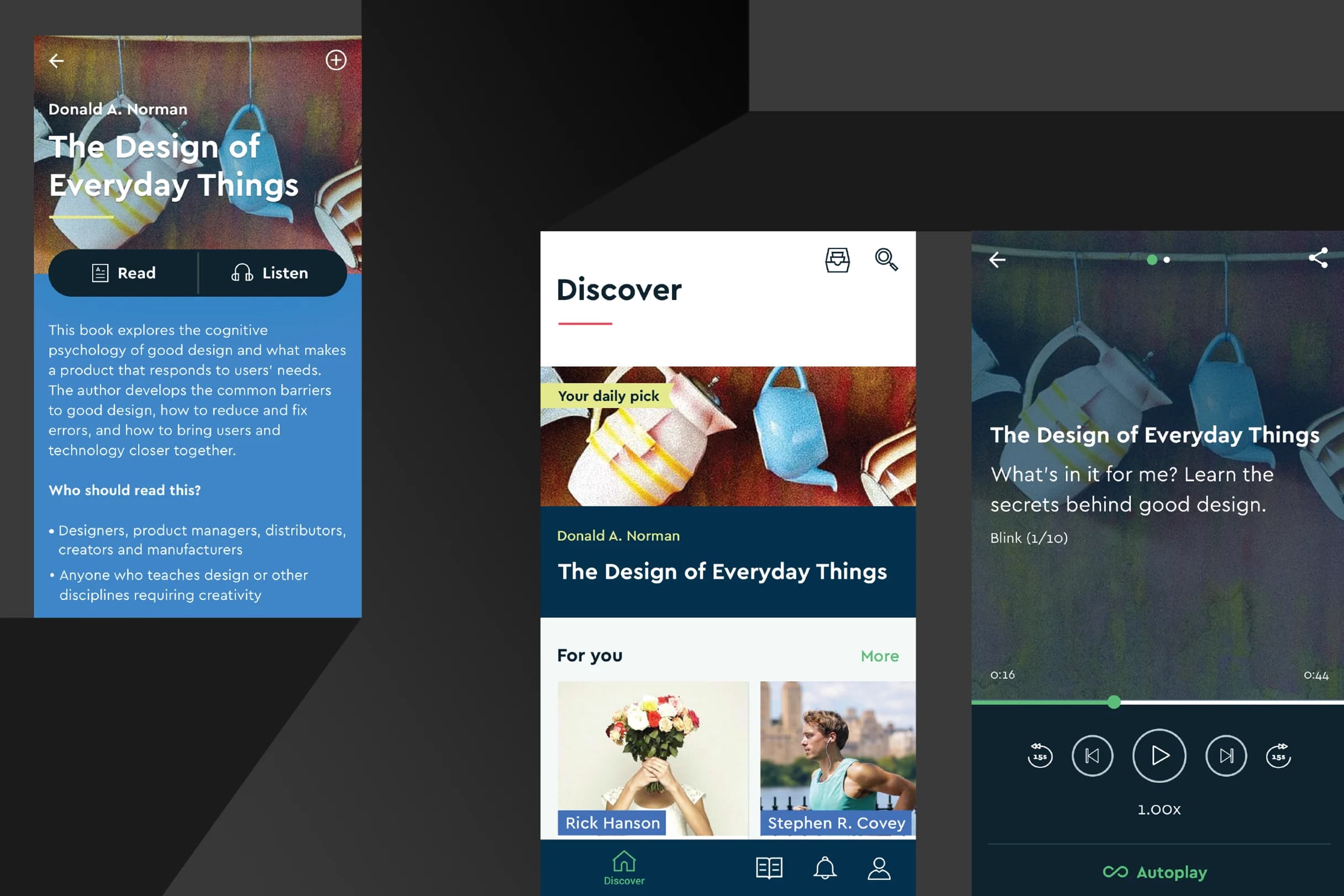 Three screenshots of Blinkist app featuring “The Design of Everyday Things.”