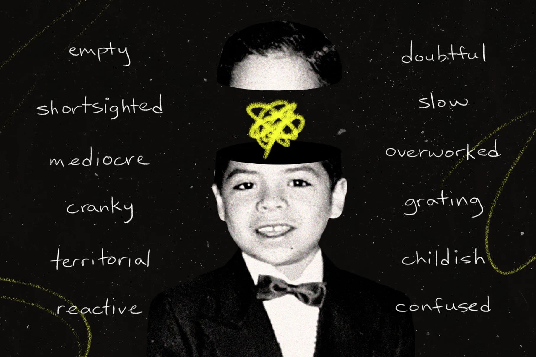 Black and white photo of boy in suit, head open revealing scribbled yellow brain. Words like "empty," "cranky," and "confused" surround him.