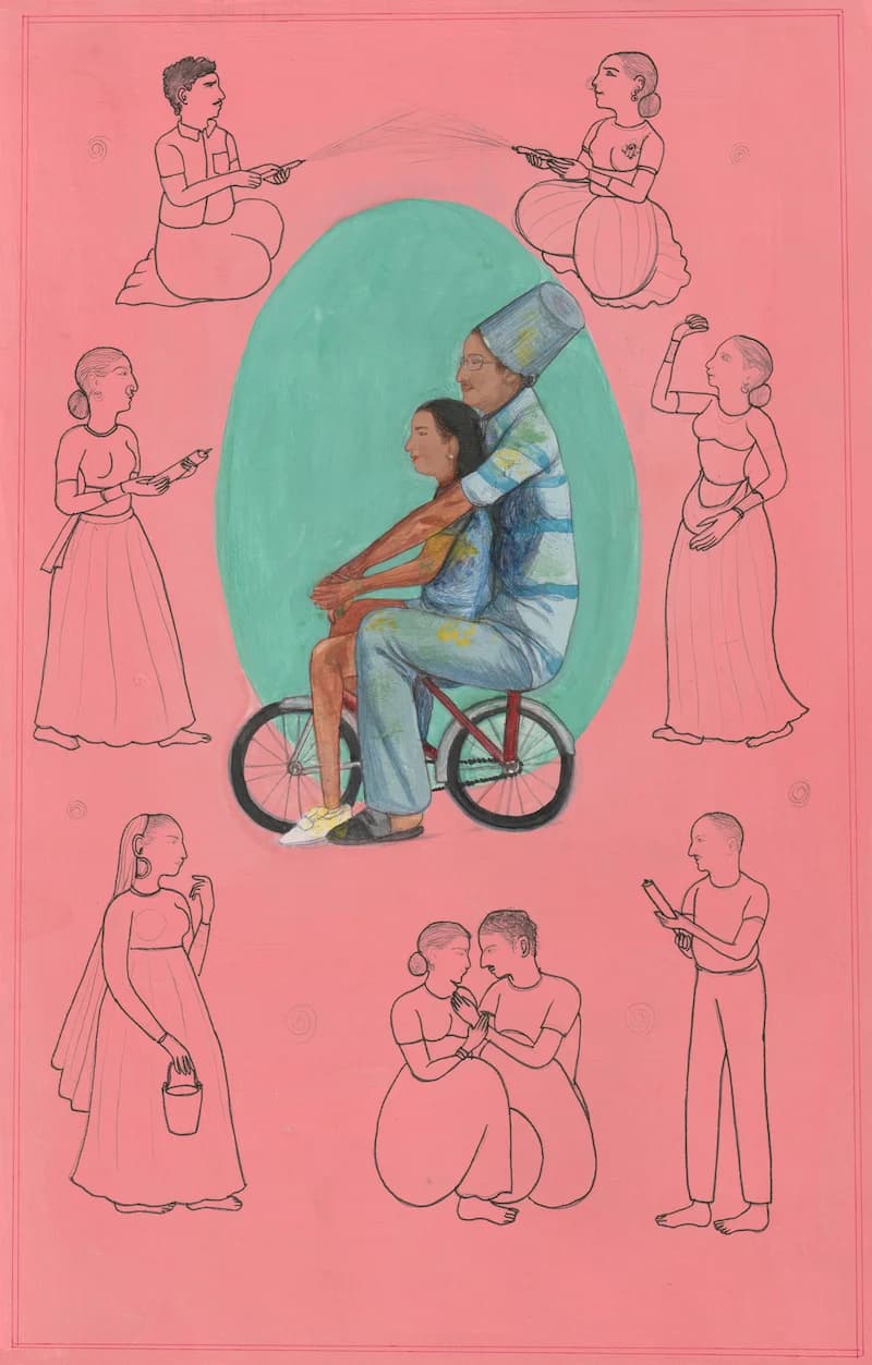 A painting on a pink background depicts a central figure riding a small bike with a passenger on the back.