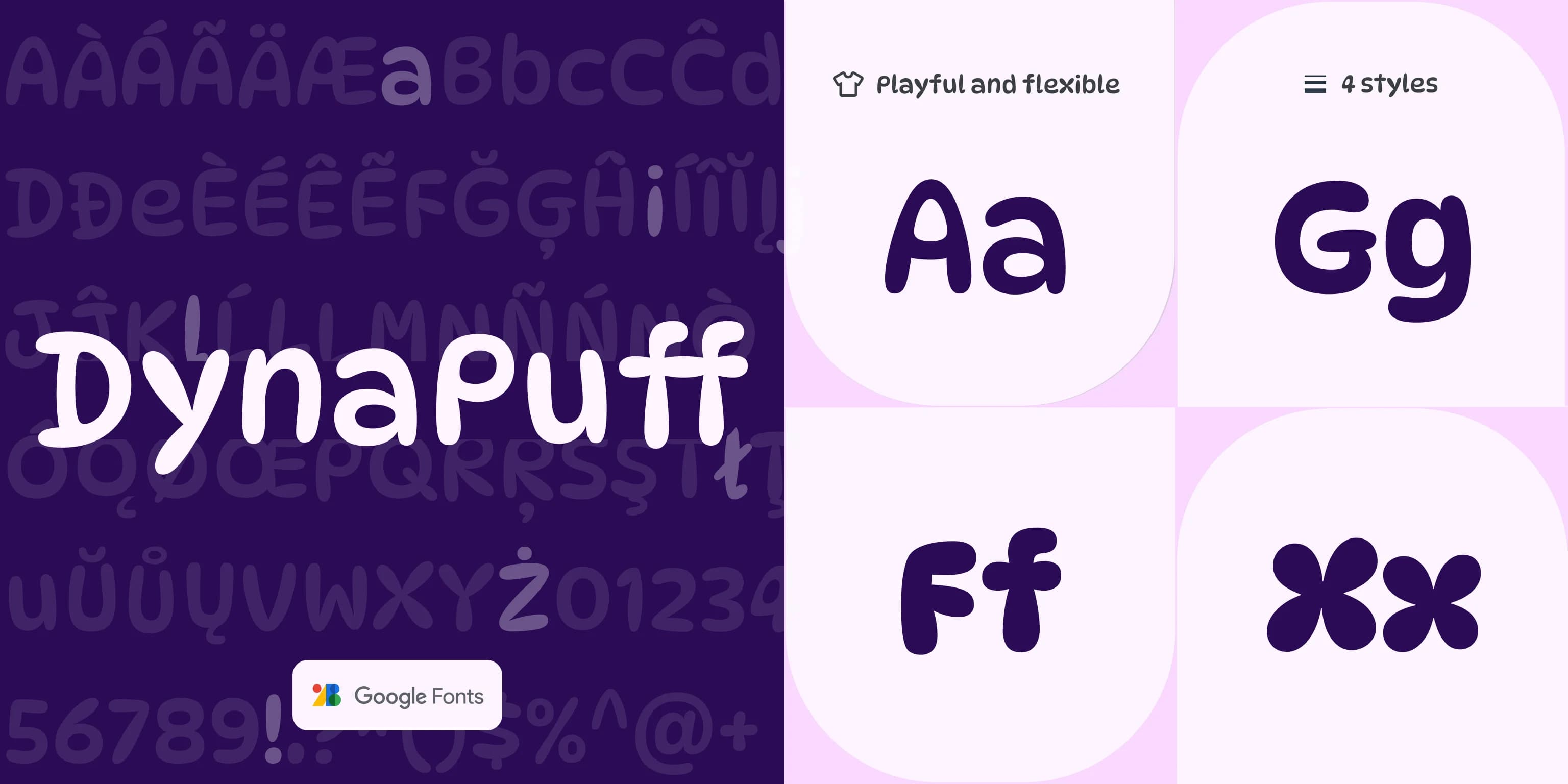 DynaPuff font sample. Rounded, whimsical letters and numbers in dark purple on light purple.