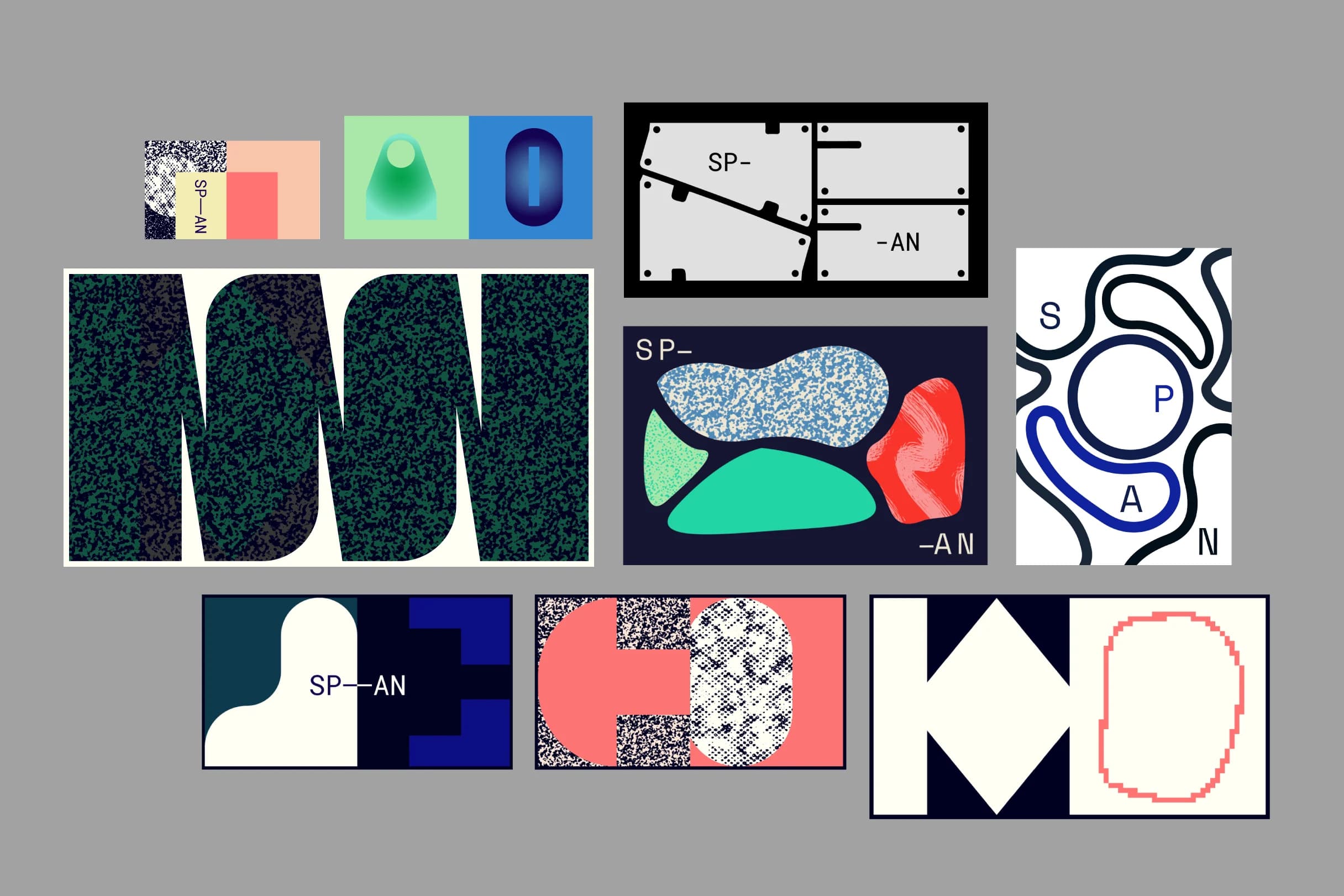 Ten abstract graphic designs feature bold shapes, colors, textures, and the letters SP-AN or variations.