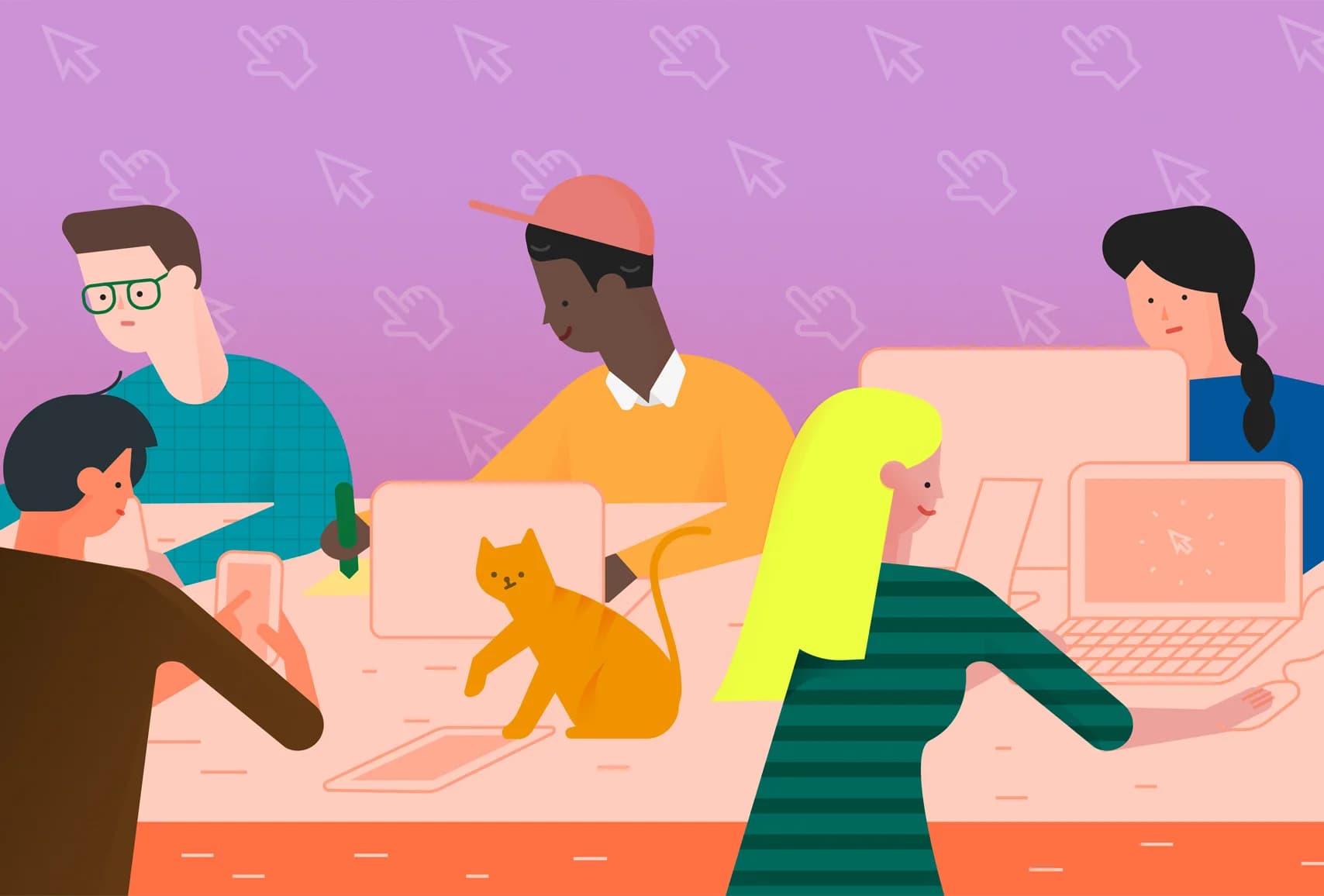 Diverse people collaborate on computers. A ginger cat walks across a desk. Mouse cursors and pointing hands decorate the background.