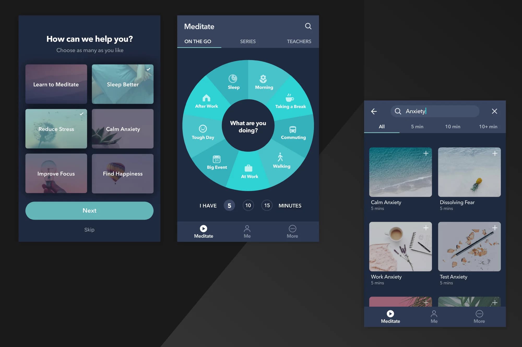 Screenshots of a meditation app. Users select goals like "Sleep Better" or "Calm Anxiety," then choose a scenario like "After Work" or time limit.