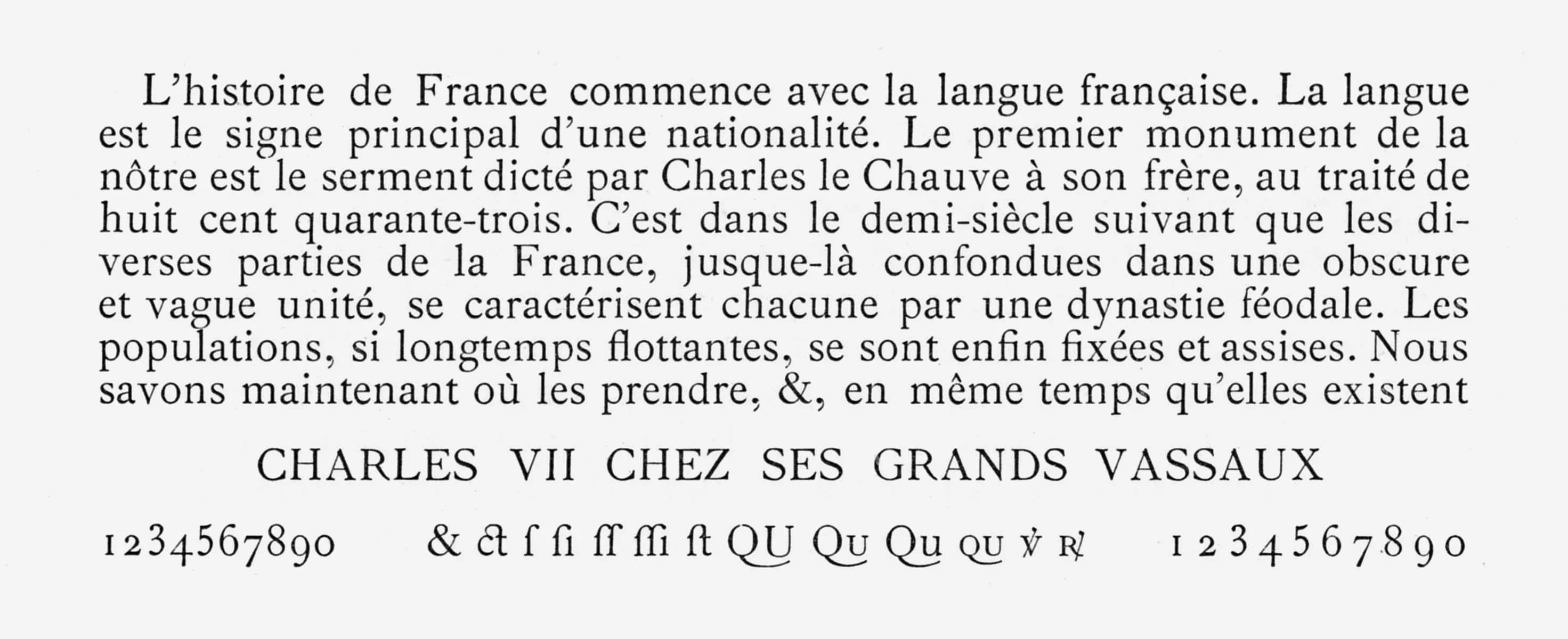 A page of sample text in French from a history book, with numerals and special characters at the bottom.