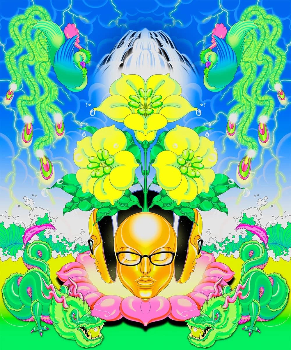 Vibrant artwork featuring a golden head with glasses, flanked by two dragons, centered amid yellow flowers and green, feathered birds with a waterfall backdrop.