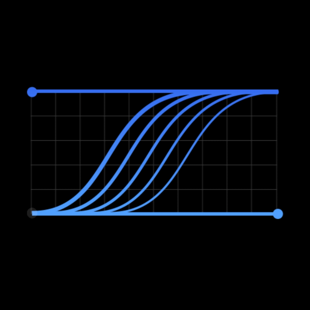 A white dot travels along blue kinetic curves on a grid, illustrating smooth energy transfer and speed