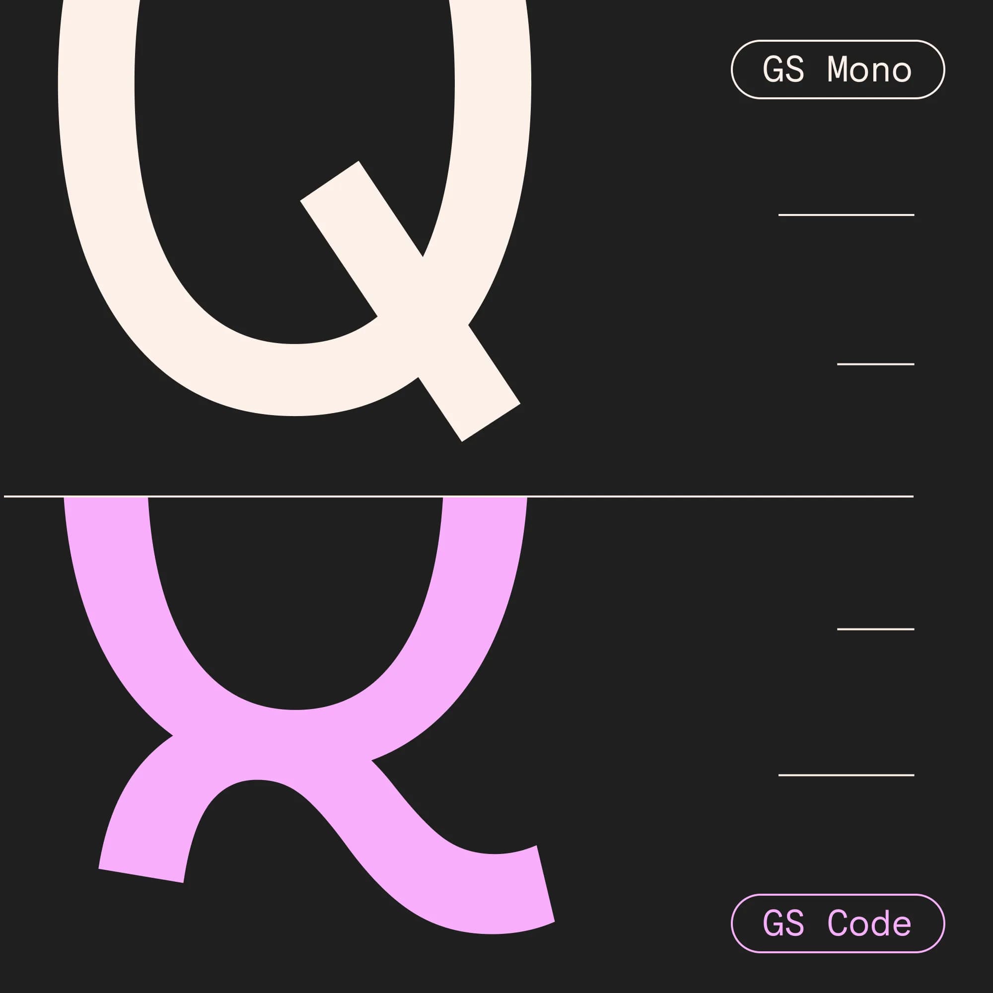 Split comparison of the letter Q in beige GS Mono and pink GS Code, contrasting straight vs. wavy tail designs.