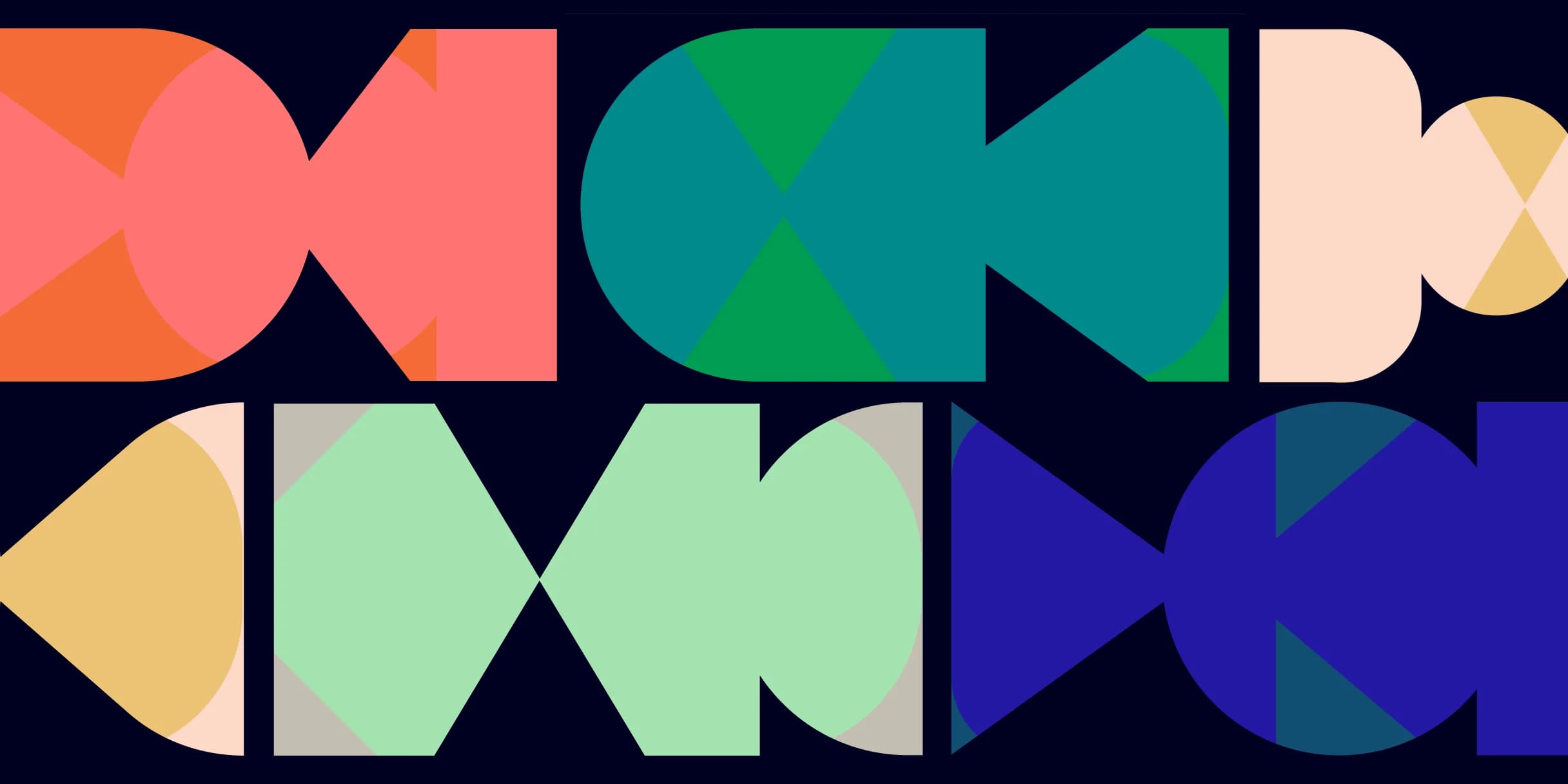 Colorful geometric shapes on a dark background create a playful, abstract pattern.