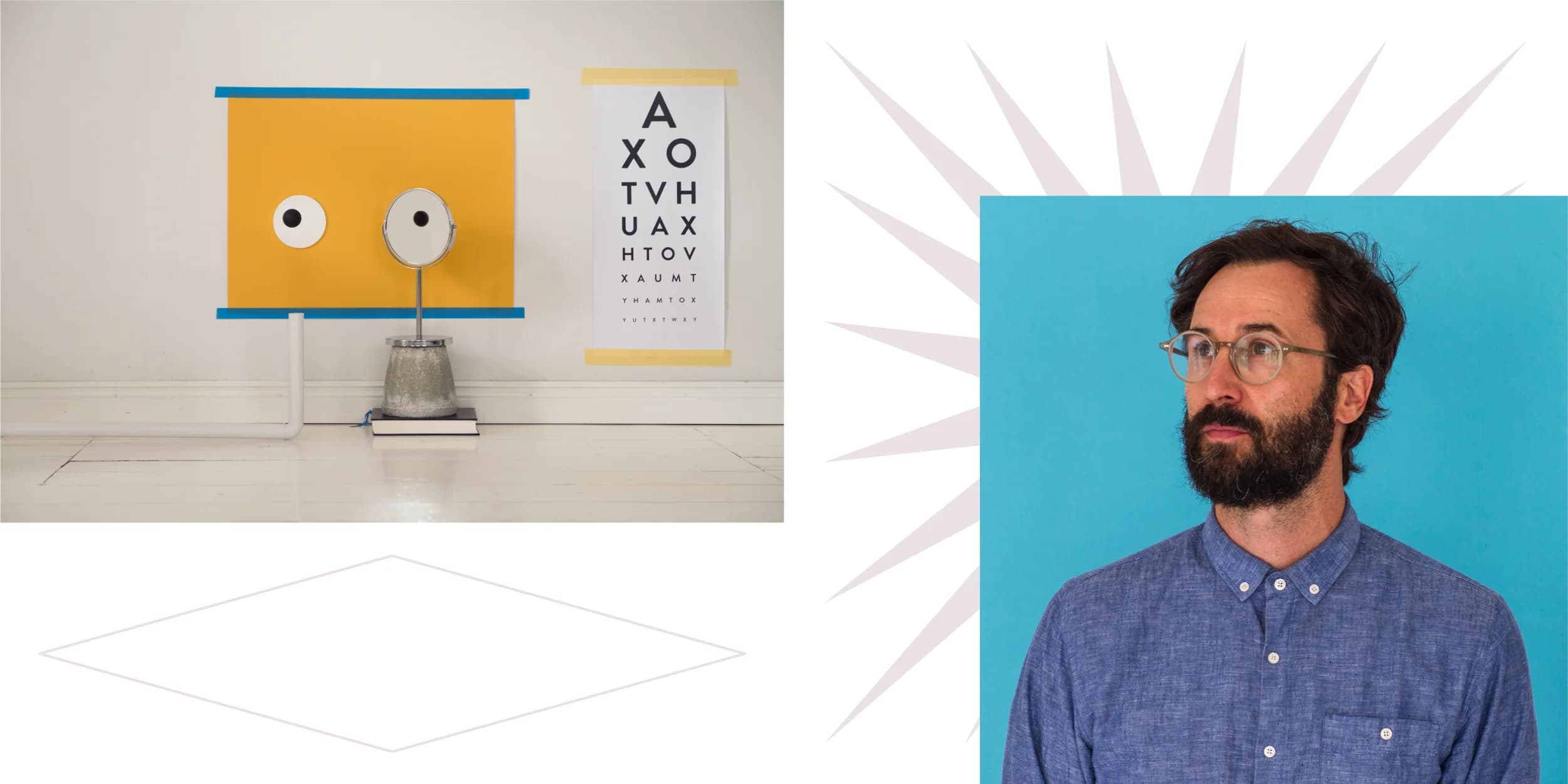 Quirky eye exam setup with Snellen chart beside a yellow square, mirror, and pipe contraption. A bearded man in glasses looks thoughtfully to the side.