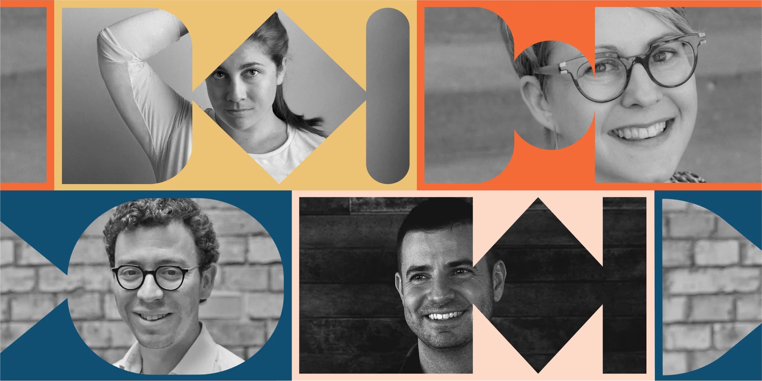Four headshots in a split, geometric design.