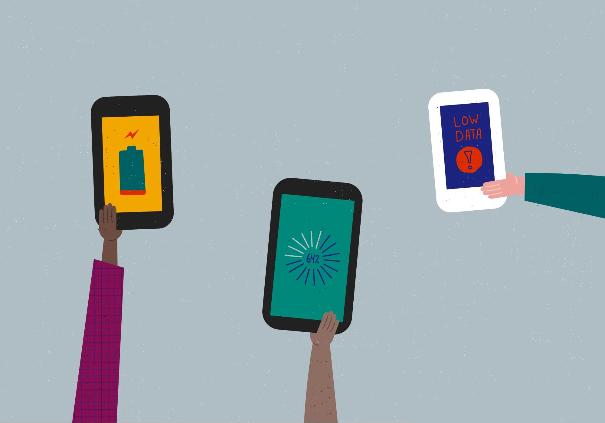 Three hands hold up cell phones displaying low battery, low data, and loading symbols against a light blue background.