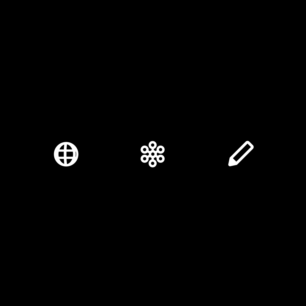 White icons depicting a spinning globe, snowflake, and pencil pulse on a black background to indicate new features