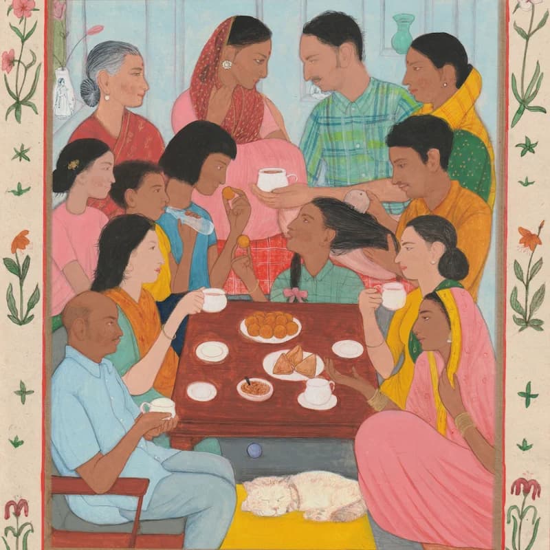 A colorful painting shows a large family gathering. They sit around a table, enjoying tea, sweets, and conversation.