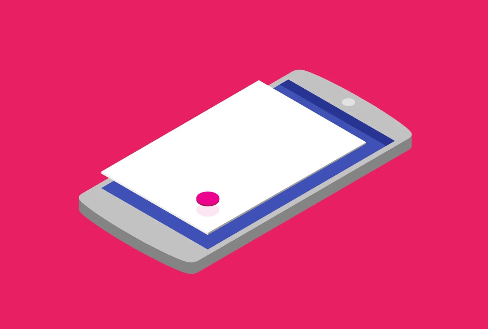 Isometric view of a smartphone with a floating card and FAB.