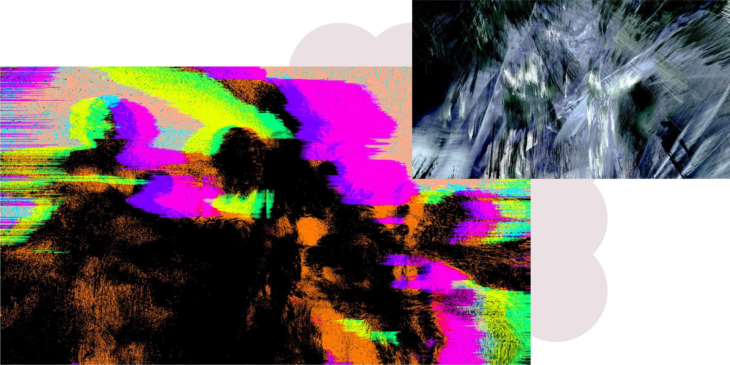 Abstract art. Black, orange, pink, green, and yellow glitch effect. Brush strokes, splatter, and static noise create texture.