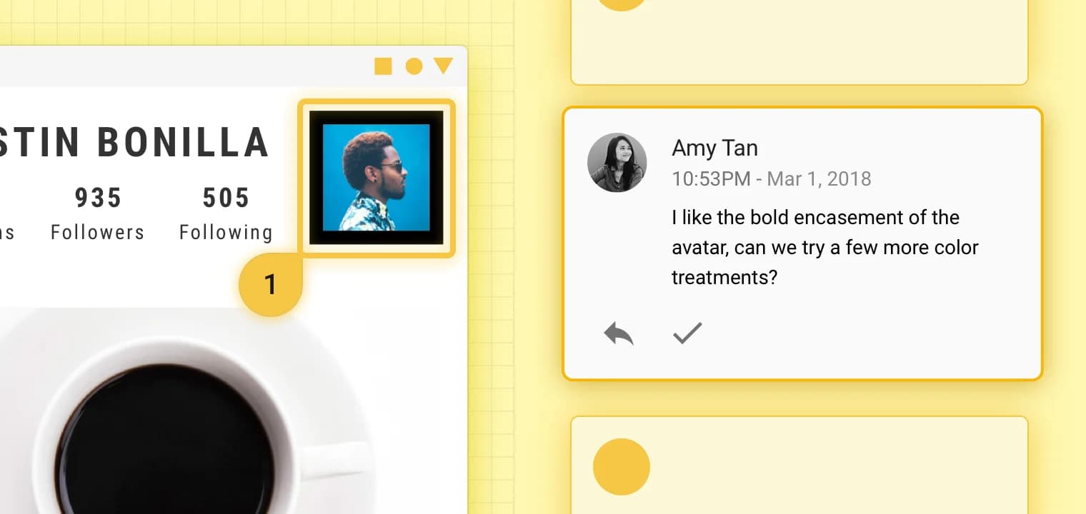 Close-up of design mock showing a social media profile and message.