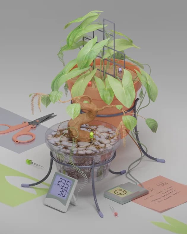 Two potted plants, one leafy and upright, the other a gnarled bonsai, sit among gardening tools, sensors, and a digital thermometer.