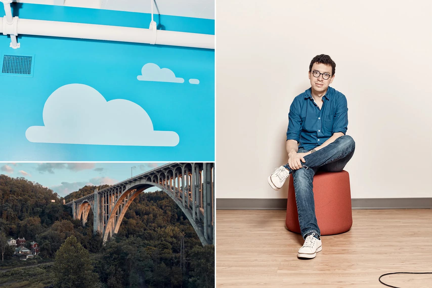 A collage of three images. Top left: painted clouds on a blue ceiling. Bottom left: a large bridge spanning a valley. Right: a man sits on a red stool against a beige wall.