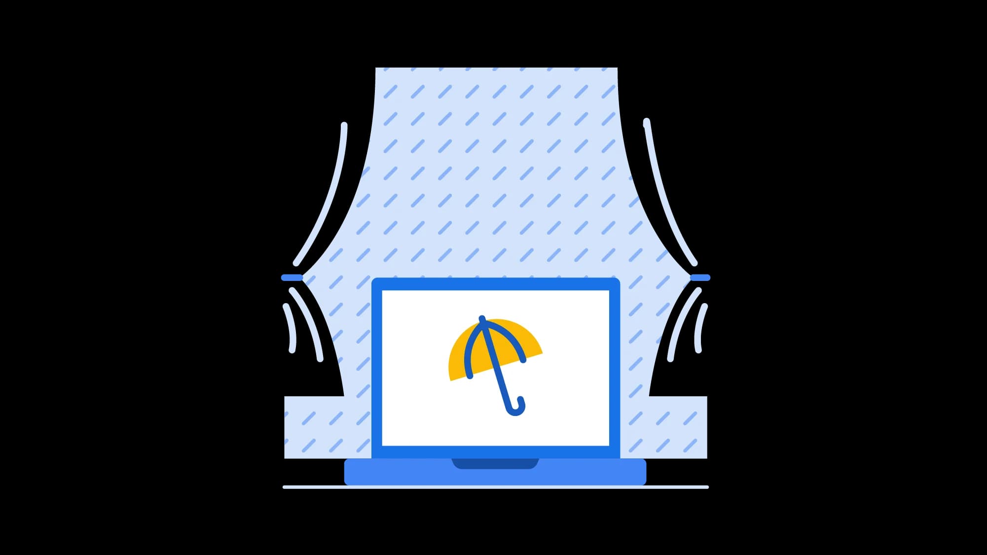 Laptop displaying an umbrella beneath a stylized rain cloud.