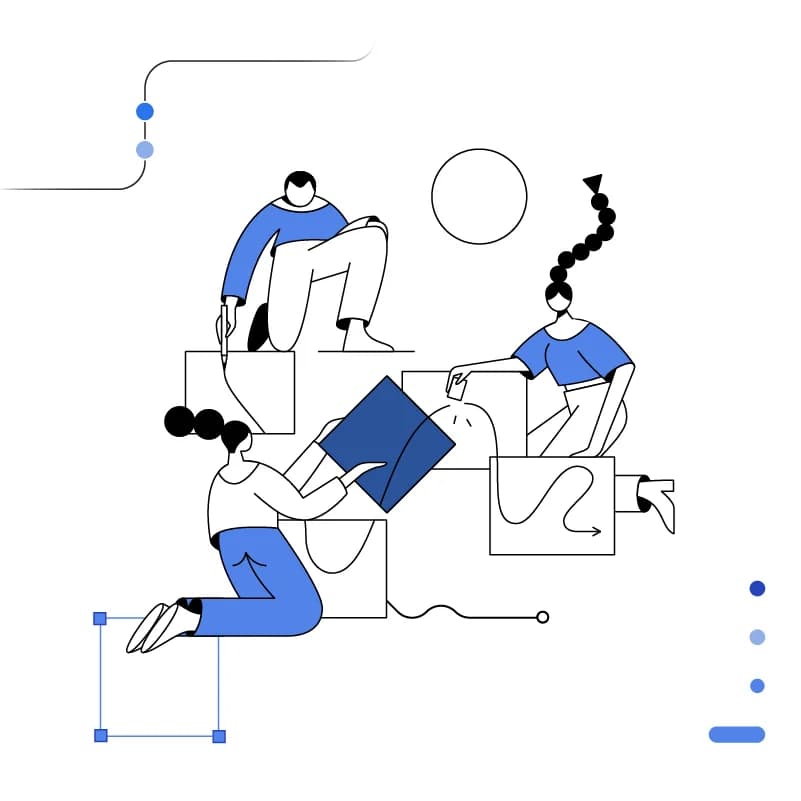 Three stylized figures collaborate on a project. One draws, another adds a shape, and the third contributes an element to the design.