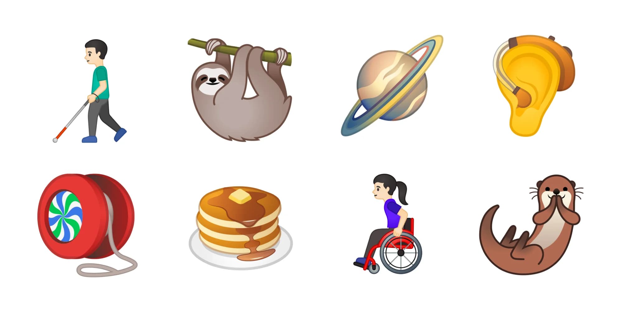 Collage of eight emojis: a person with a white cane, a sloth, Saturn, a hearing aid, a yo-yo, pancakes, a person in a wheelchair, and an otter.