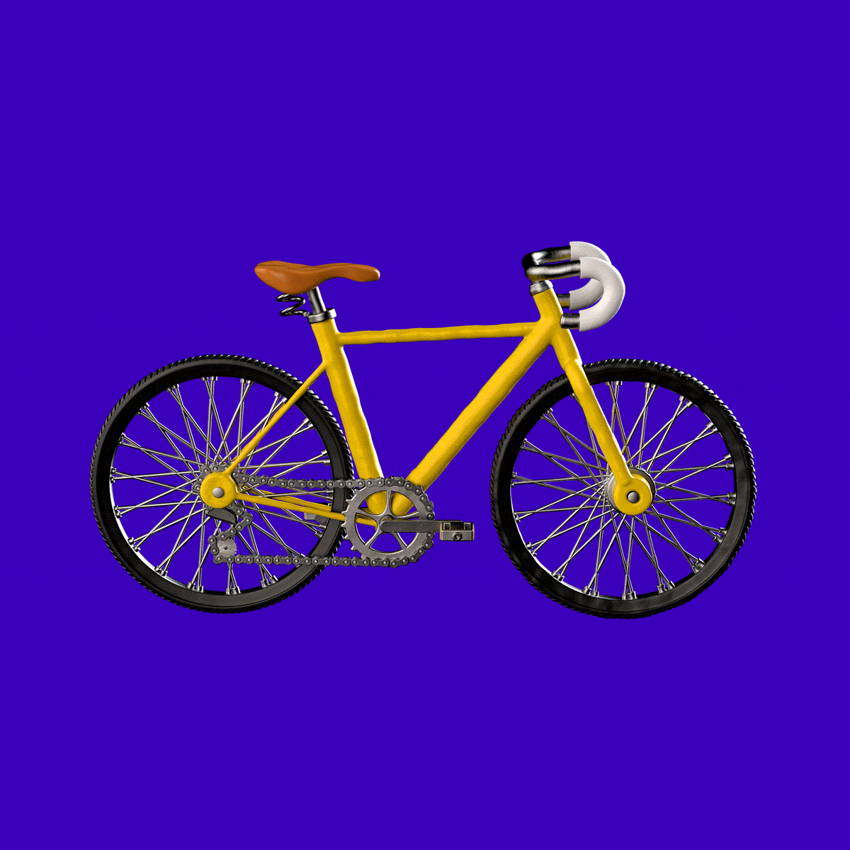 Yellow road bike with white handlebar tape, black tires, and silver spokes.