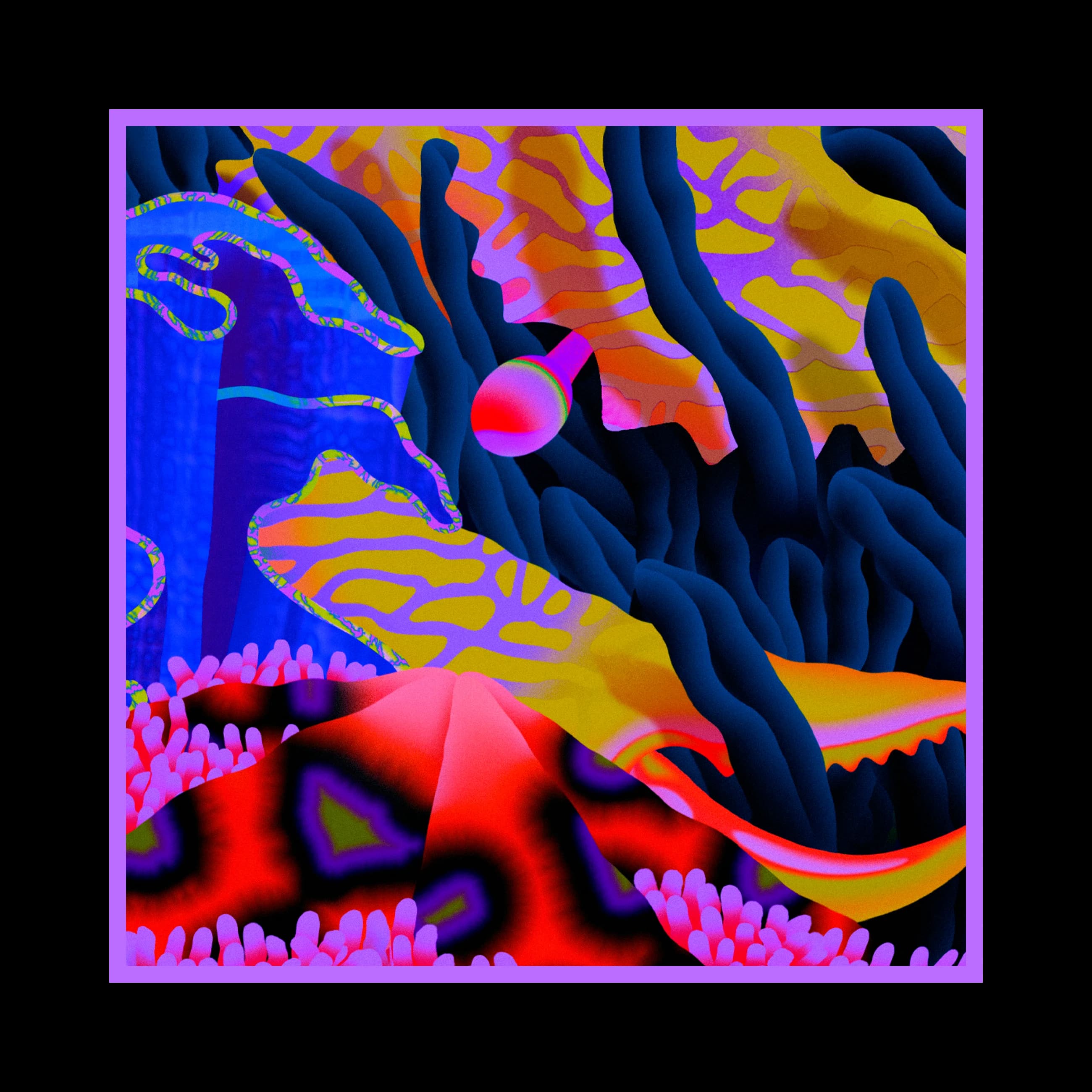 Vibrant, abstract coral reef scene in neon colors. Blue, orange, and red shapes suggest marine life and coral. Lavender border.