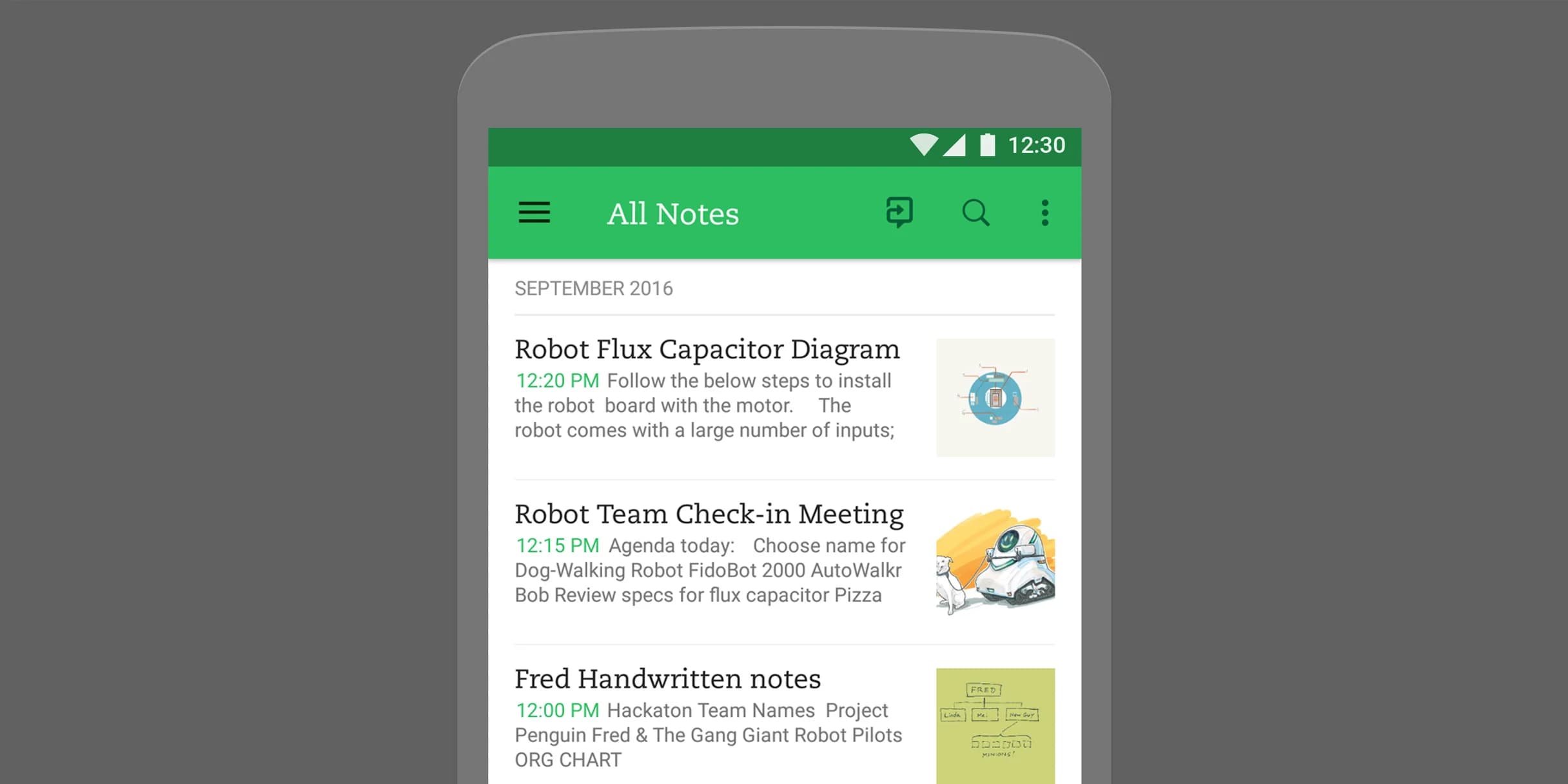 Screenshot of Evernote app displaying three notes: "Robot Flux Capacitor Diagram," "Robot Team Check-in Meeting," and "Fred Handwritten notes."