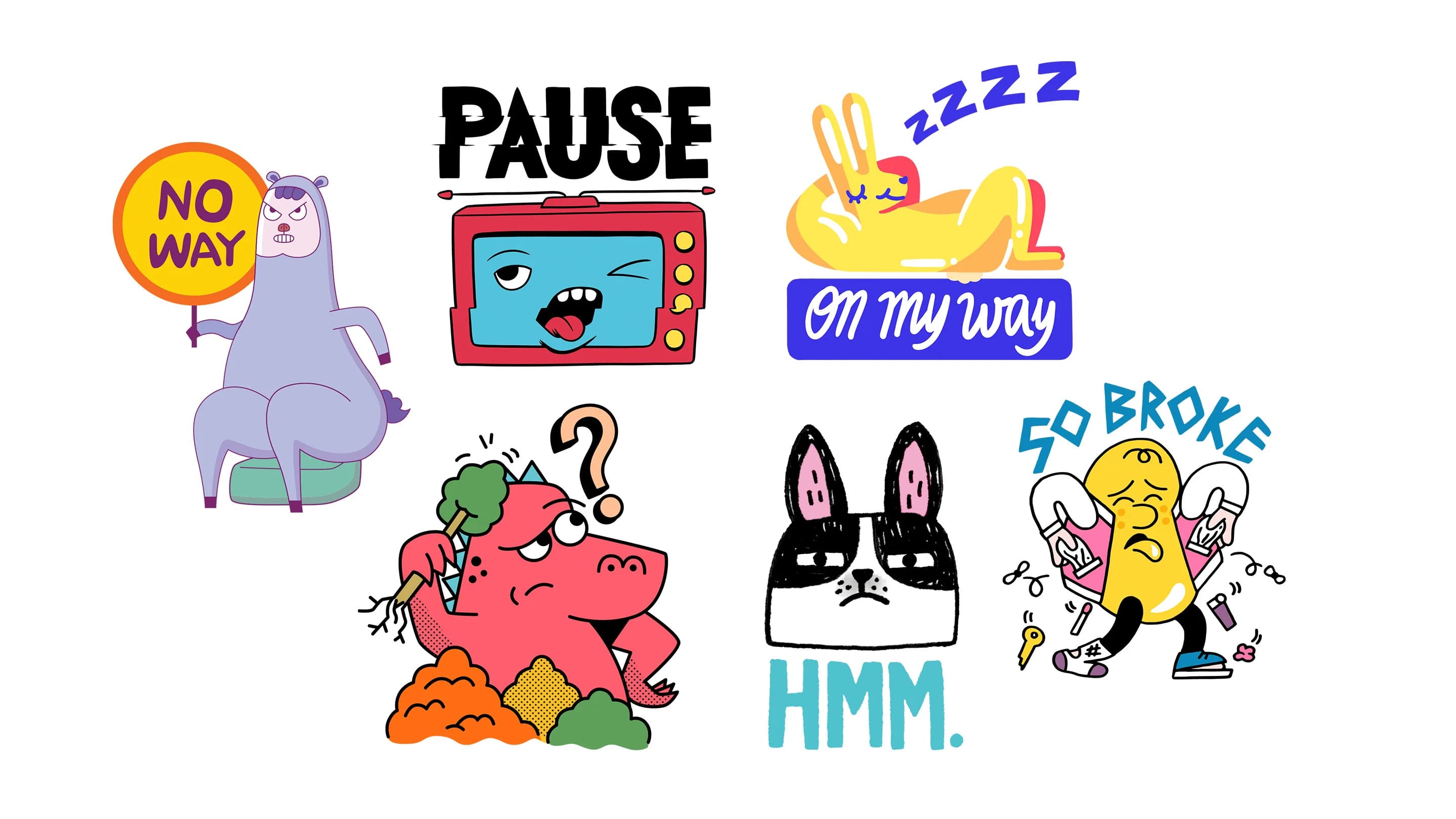 Six colorful cartoon stickers. A llama holds a "NO WAY" sign, a winking TV says "PAUSE," a napping bunny is "on my way."