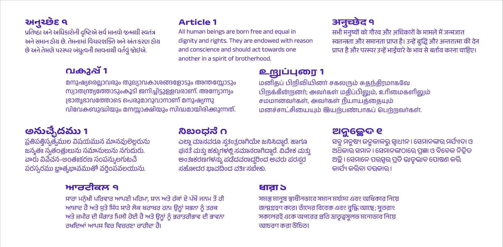 Article 1 of the Universal Declaration of Human Rights in 10 languages: English, Gujarati, Malayalam, Telugu, Hindi, Tamil, Kannada, Punjabi, Bengali, and Odia.
