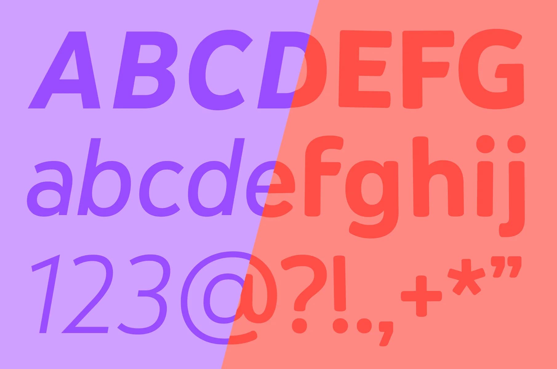 Purple letters A-E and a-e, numbers 1-3, and "@" symbol shift to coral.