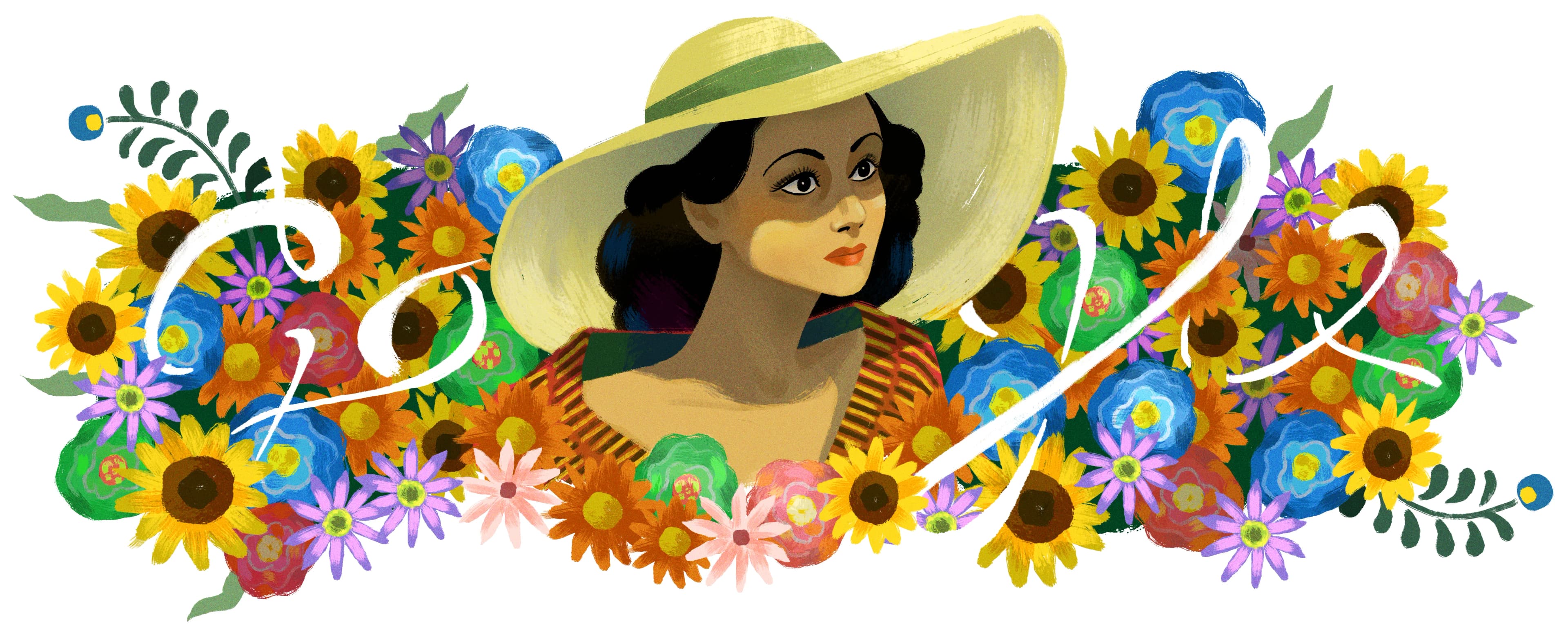 Google Doodle showing a stylish woman in a wide-brimmed hat, surrounded by colorful sunflowers and other flowers.