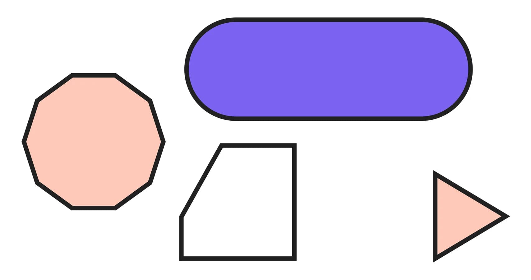 Four shapes with black outlines: a peach octagon, a rounded-corner purple rectangle, an irregular white quadrilateral, and a peach right triangle.