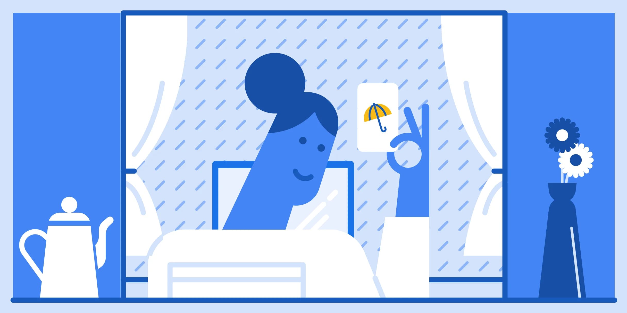 Smiling person sits inside by a window on a rainy day, holding a weather card showing an umbrella.