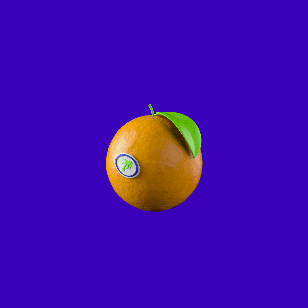 Juicy orange with a bright green leaf and small circular sticker featuring a palm tree.