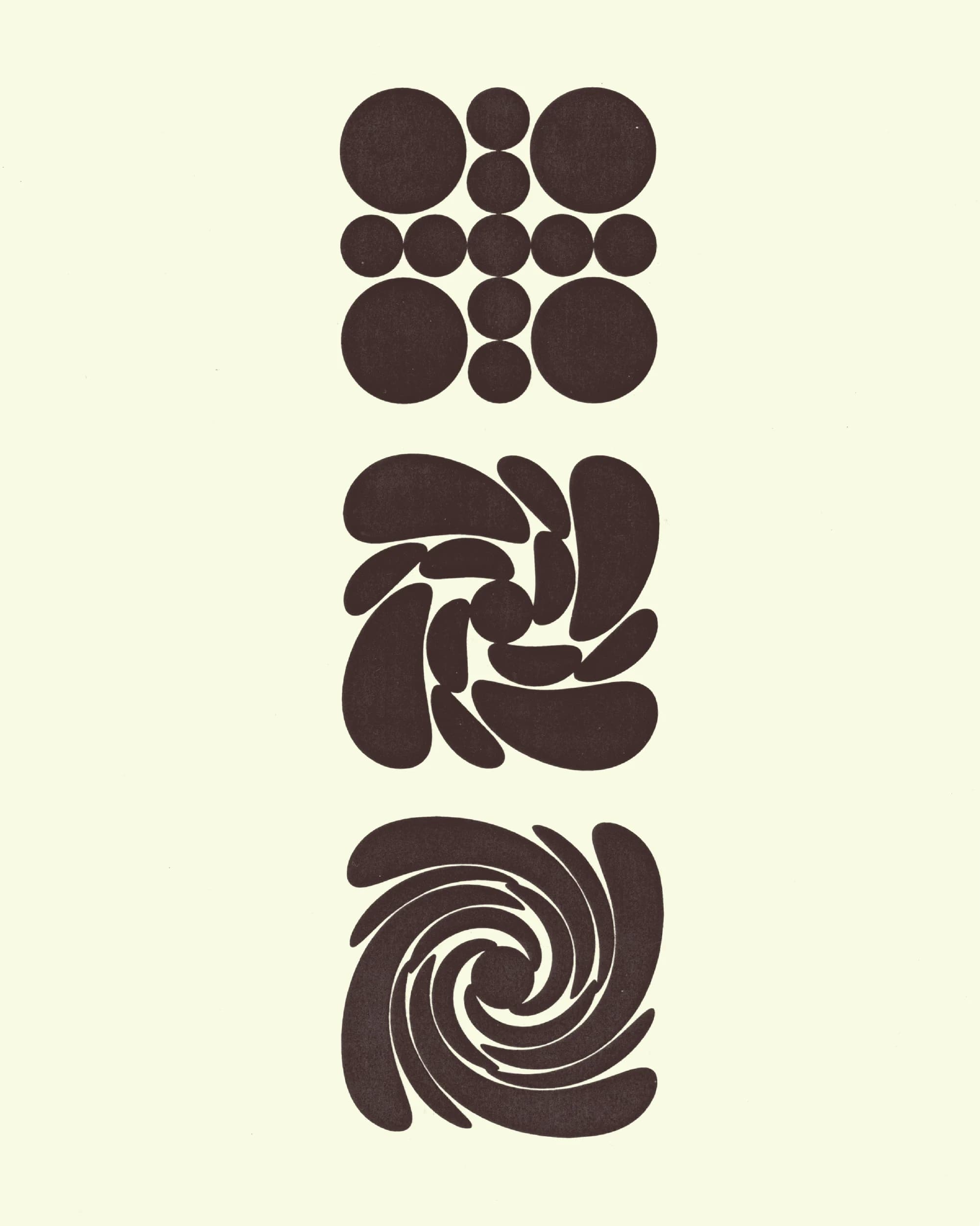 Three dark, geometric shapes progress from circles, to rounded petals, to a spiral.