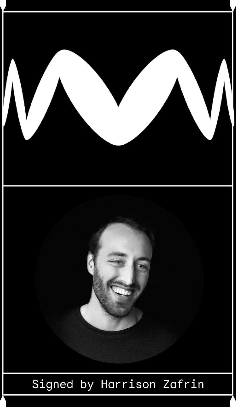 Zig-zag "M" above a smiling bearded man. Signed by Harrison Zafrin.