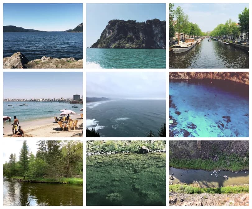 Nine images show various bodies of water.