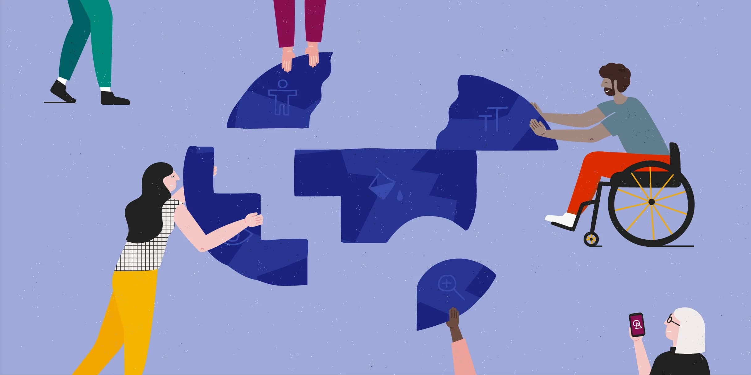 Diverse people collaborate to assemble large puzzle pieces featuring accessibility icons.