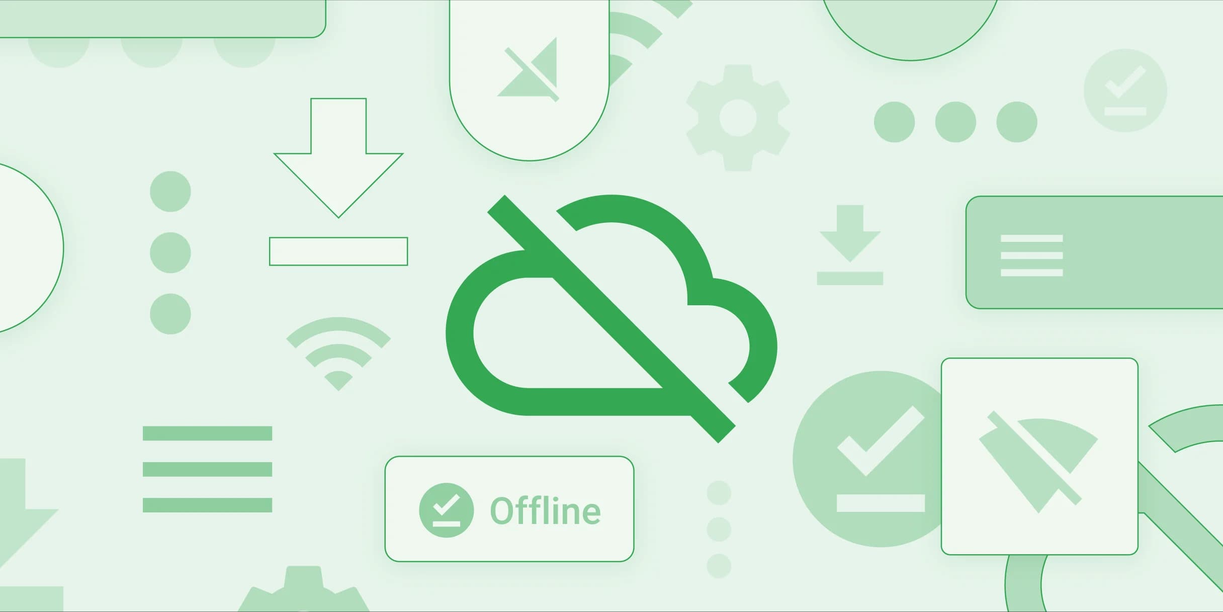 Green cloud icon with a slash through it, signifying offline access. Digital icons float in the background.