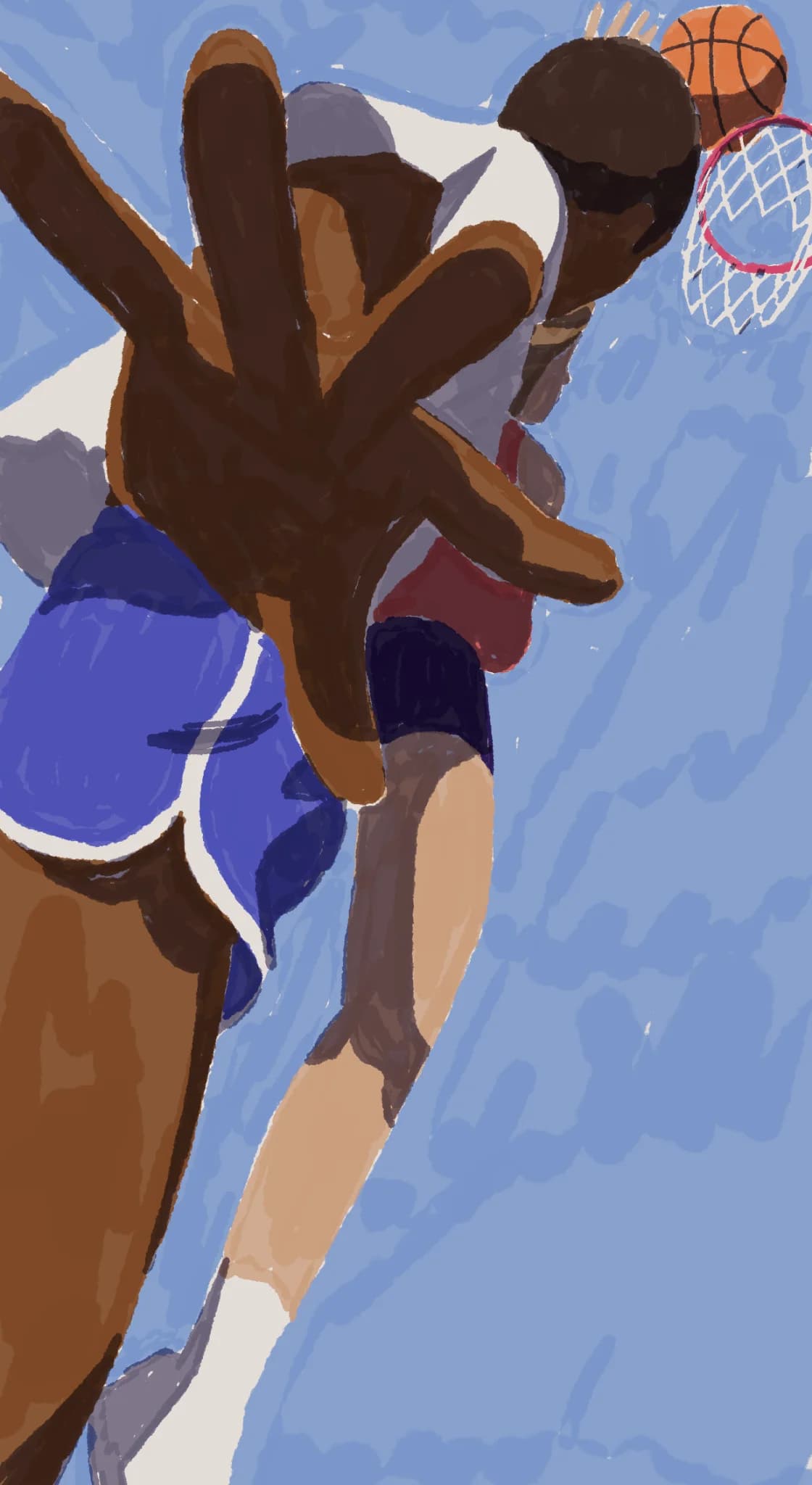 Eye-level view of basketball player with outstretched hand, ball, hoop. Blue background. Dynamic energy and sportsmanship.