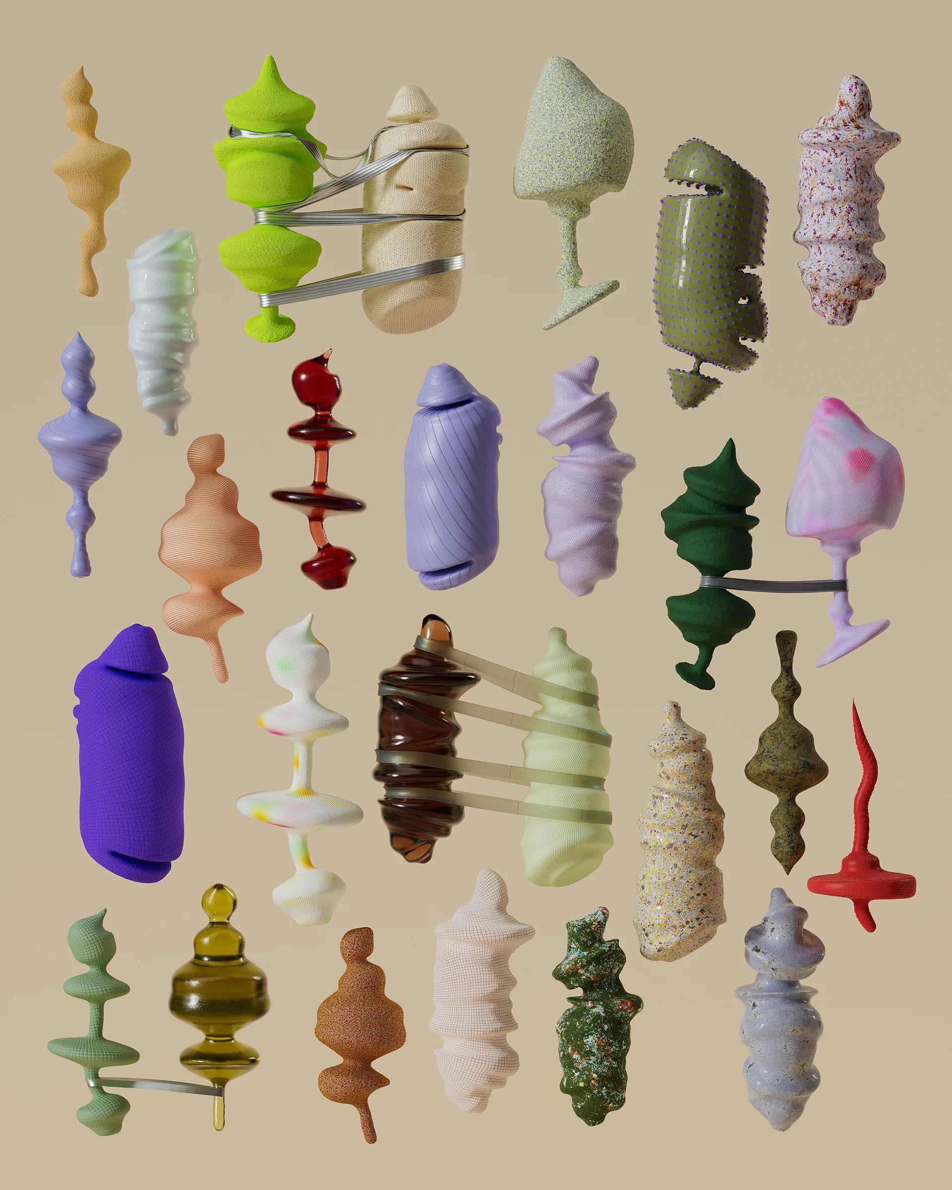 Twenty-five colorful, textured, abstract sculptures float against a muted tan background.
