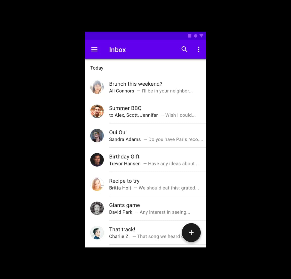 Email app displays a list of recent messages. A prominent FAB is in the bottom right corner.